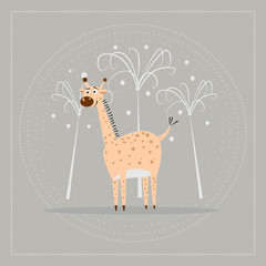 funny cartoon giraffe with palm trees on nature