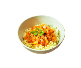 Steamed rice with stewed vegetables and turmeric isolated on white background with clipping path