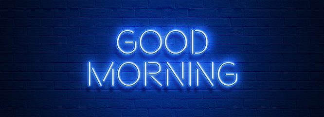 Vintage Glow Signboard with Good Morning Inscription. Shiny Neon Light Style Lettering. Inscription on Blue Brick Wall. 3D Rendering