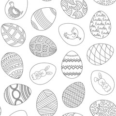 Seamless pattern with decorative Easter eggs. Hand drawn black and white vector illustration.