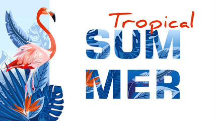 Flamingo and tropical palm leaves, plants, bird of paradise. Negative space trend.  Tropical Summer placard, poster, flyer, banner invitation card.