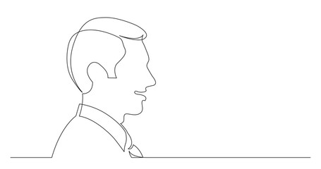 profile portrait of young talking businessman in tie - continuous line drawing on white background