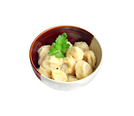 Meat dumplings in a bowl isolated on white background with clipping path
