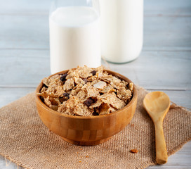 Oat cereal and rice flakes with milk