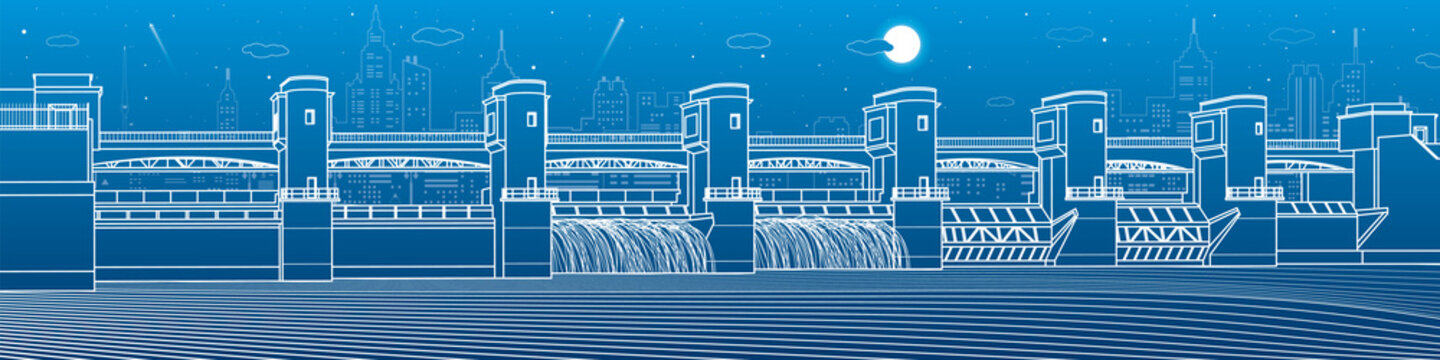 Hydro power plant. River Dam. Energy station. Water power. City infrastructure industrial illustration panorama. White lines on blue background. Vector design art