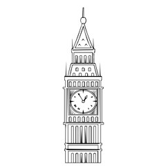 Big Ben with double decker in London. Vector illustration. Black and white photo. Clock Tower of House of Parlaiment. Welcome to London beautiful famous city