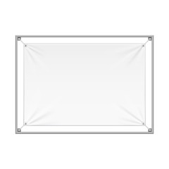 Wall Streamer Vinyl Flex Banner, Fabric, Nylon With Folds. Corners Ropes. Shield. Mock Up, Template. Illustration Isolated On White Background. Ready For Your Design. Product Advertising. Vector EPS10