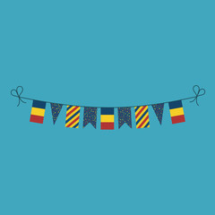 Decorations bunting flags for Romania national day holiday in flat design. Independence day or National day holiday concept.