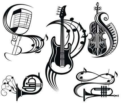 Music icons set - audio, sound and musical equipment. instruments illustrations