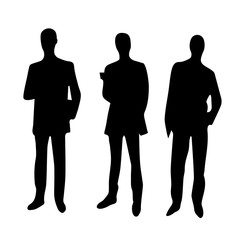 Three businessmen or partners meet together to discuss future collaboration, wear formal suits. Icon image of bussiness people. Silhouette of prosperous employees. Vector illustration