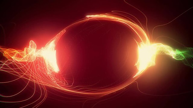 Abstract red green futuristic sci-fi plasma circular form. 3D animation of shining energy force field light strokes waving on a ring motion path for logo or text. Seamless 4K loop with alpha matte
