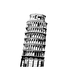 Vector illustration of Tower of Pisa in black style isolated over white background. Tower sketch. Famous landmark for tourists. Well known building