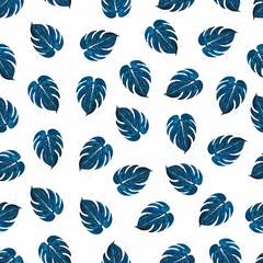 Seamless botanical pattern with  monstera  leaves in blue color with splashes isolated on white background. Tropical leaf for decoration, wrapping paper design, fabric, textile, banner