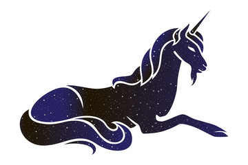 Magic unicorn lying down. Vector mythological animal illustration, night sky color silhouette isolated on white background