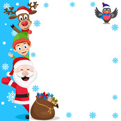 Santa Claus, Santa s helper and deer look out from behind the white background.