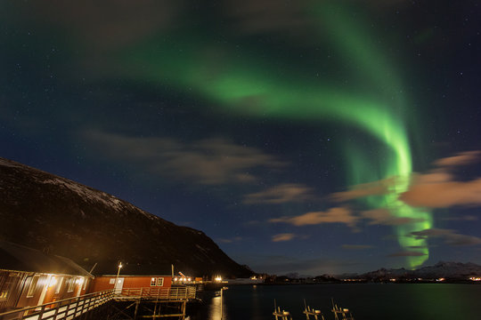 Amazing landscape view with northern lights in background at Lofoten, Norway