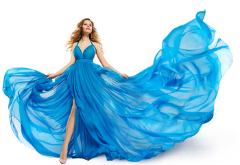 Woman Flying Blue Dress, Fashion Model Dancing in Long Waving Gown, Fluttering Fabric Isolated over...