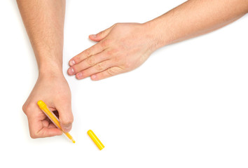 man's hands writing with marker on isolated white background with text place