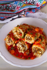 Stuffed cabbage leaves with meat, rice and vegetables. Chou farci, dolma, sarma, sarmale, golubtsy or golabki - popular dish in many countries