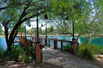 View on a jetty and lake in a city park