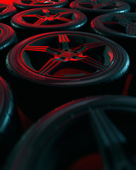 Car wheels set on red background. Poster design. Stack. 3d illustration.