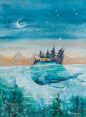 Children book illustration -whale and fox traveling together. Picture made with watercolors.