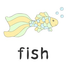 Children`s word card - english language: fish, nature, sea, animal, line art, cartoon illustration, vector outline, learning, vocabulary, education