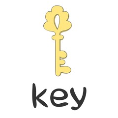 Children`s word card - english language: gold key, line art, cartoon illustration, vector outline, learning, vocabulary, education