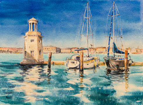Marina close to St. Giorgio Maggiore Abbey in Venice, Italy. Picture created with watercolors.