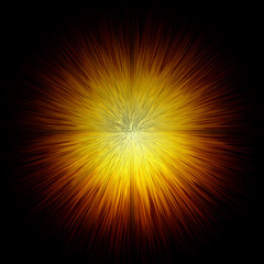 High resolution digitally generated abstract sunburst, glowing bright yellow to red colors on black background.