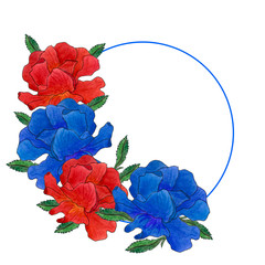 Beautiful blue and red rose flower isolated on white background. Watercolor hand drawn illustration. Floral arrangement, red and blue roses with leaves isolated on white. Greeting card.