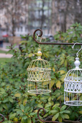 Bird Cages in a Garden hanging on a metal rod