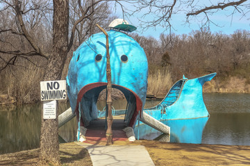 Blue Whale - Free roadside attraction along Route 66 in Oklahoma - used to be local swimming hole but now just for show - Giant metal whale in small pond