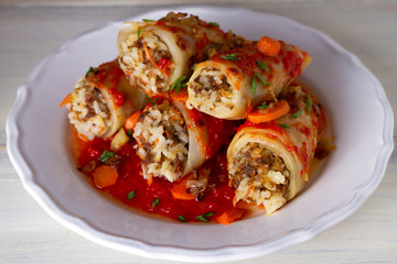 Stuffed cabbage leaves with meat, rice and vegetables. Chou farci, dolma, sarma, sarmale, golubtsy or golabki - popular dish in many countries