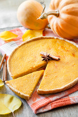 Homemade spicy pumpkin pie with cinnamon