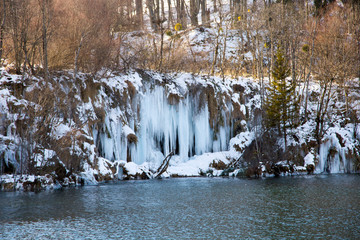 Plitvice lakes, national park in Croatia, winter landscape