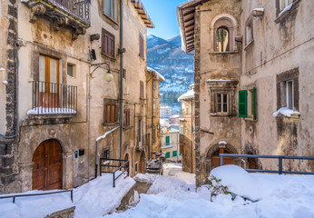 The beautiful Scanno covered in snow during winter season. Abruzzo, central Italy.
