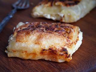 Pumpkin and cheese strudel, traditional Croatian snack called bucnica on wooden background