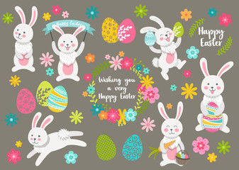 Set of cute Easter cartoon characters rabbits and design elements flowers. Easter bunny, eggs and flowers. Vector illustration.