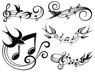 Musical set with swallows.Musical sound wave with music notes