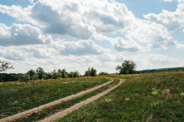 Obraz premium The road in nature and ecological landscape. Ecology and environmental protection. Ecology of transport. Pollution by emissions from cars. Green energy. Soft focus.