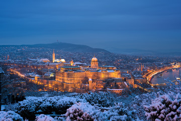 Illuminated Royal Palace of Buda in Budapest, winter night view 