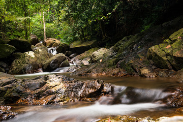 River background with small waterfalls in tropical forest.