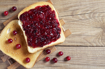 Two slices of toasted bread with cranberry jam