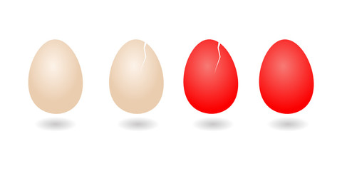 Realistic easter eggs: natural, red, whole and with crack