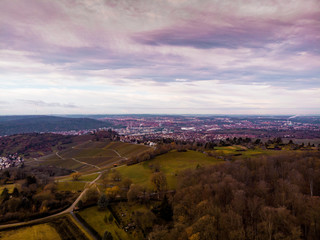 Aerial view of Stuttgart over vineyards in autumn