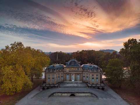 Aerial view of sea-castle Monrepos at sunset in autumn