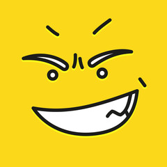 Smile icon template design. Angry emoticon vector logo on yellow background. Face line art style.