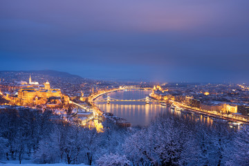 Danube river and Royal Palace in Budapest, winter night view