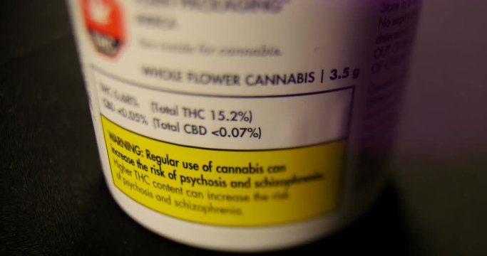 Warning label on Legal Marijuana cannabis container in Canada.